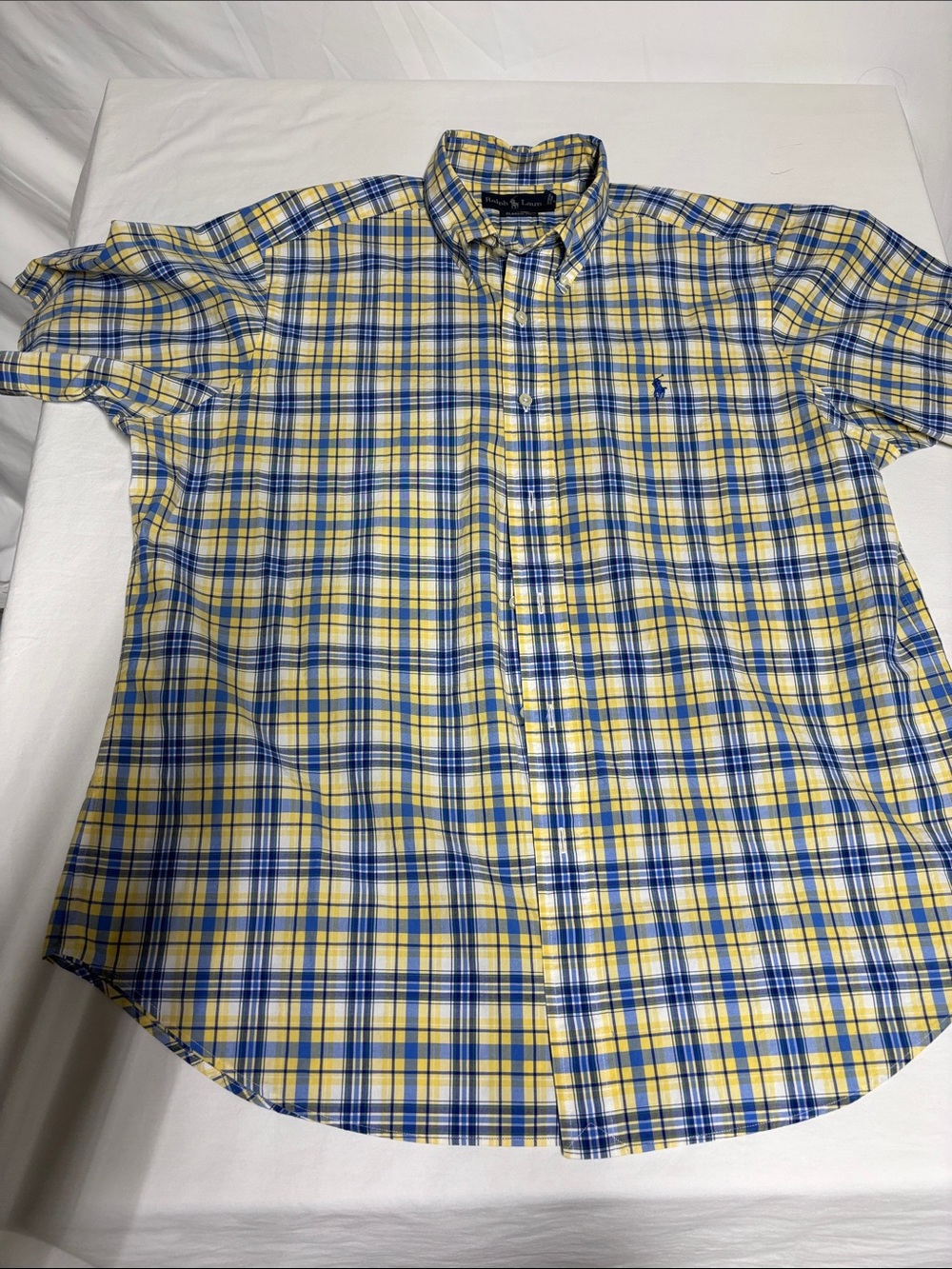 Ralph Lauren Classic Fit Madras Plaid Shirt Men's L Yellow Blue Short Sleeve